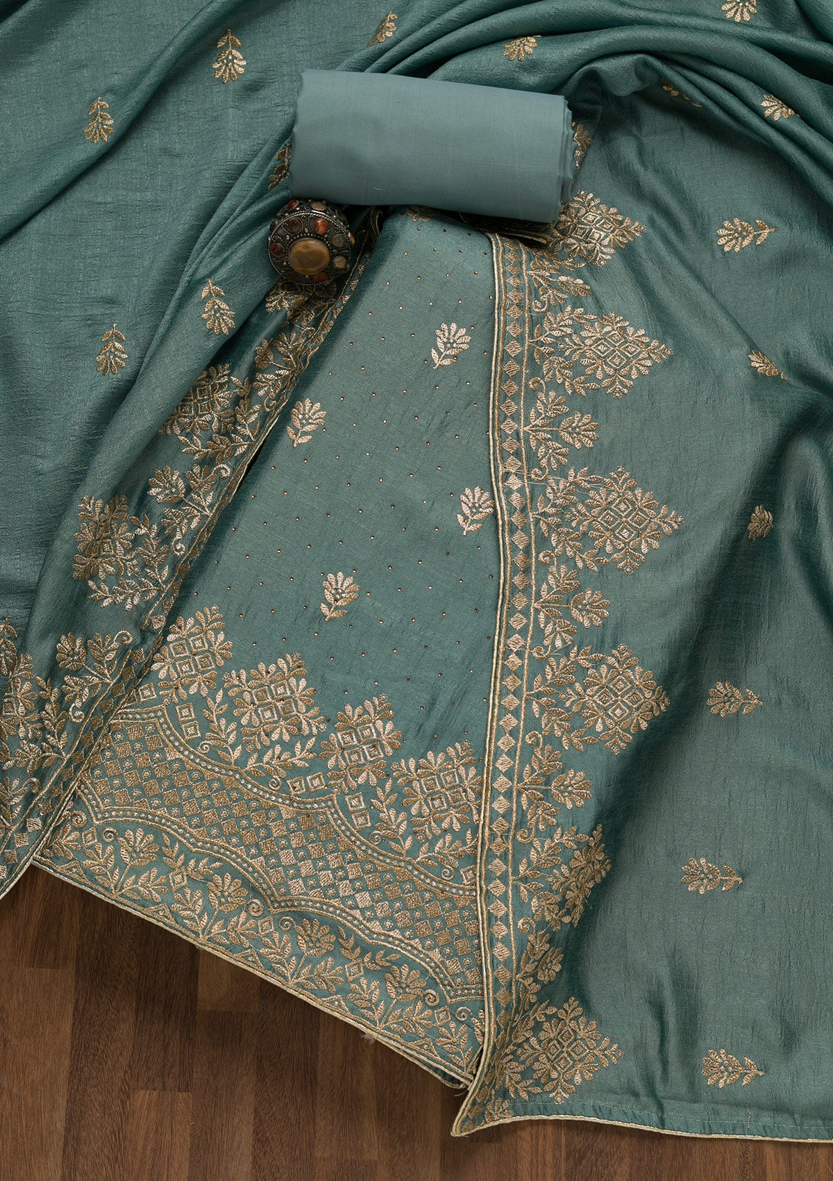 Light Grey Zariwork Art Silk Unstitched Salwar Suit-Koskii
