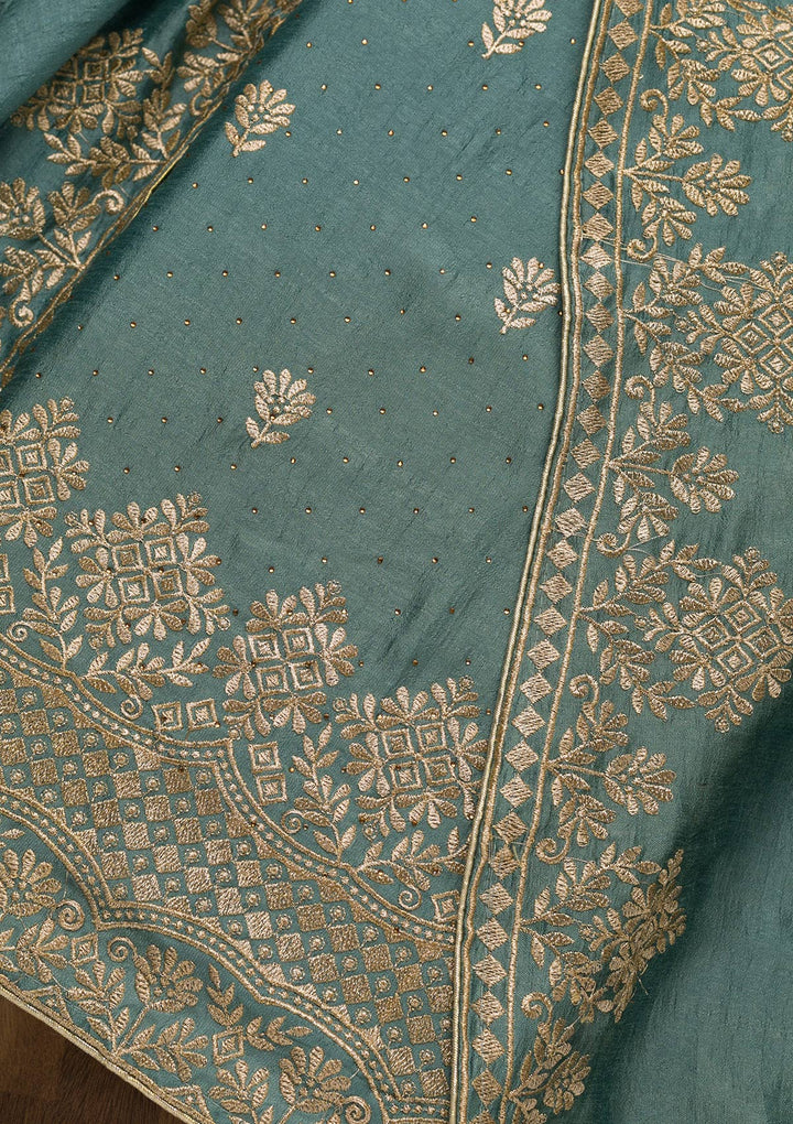 Light Grey Zariwork Art Silk Unstitched Salwar Suit