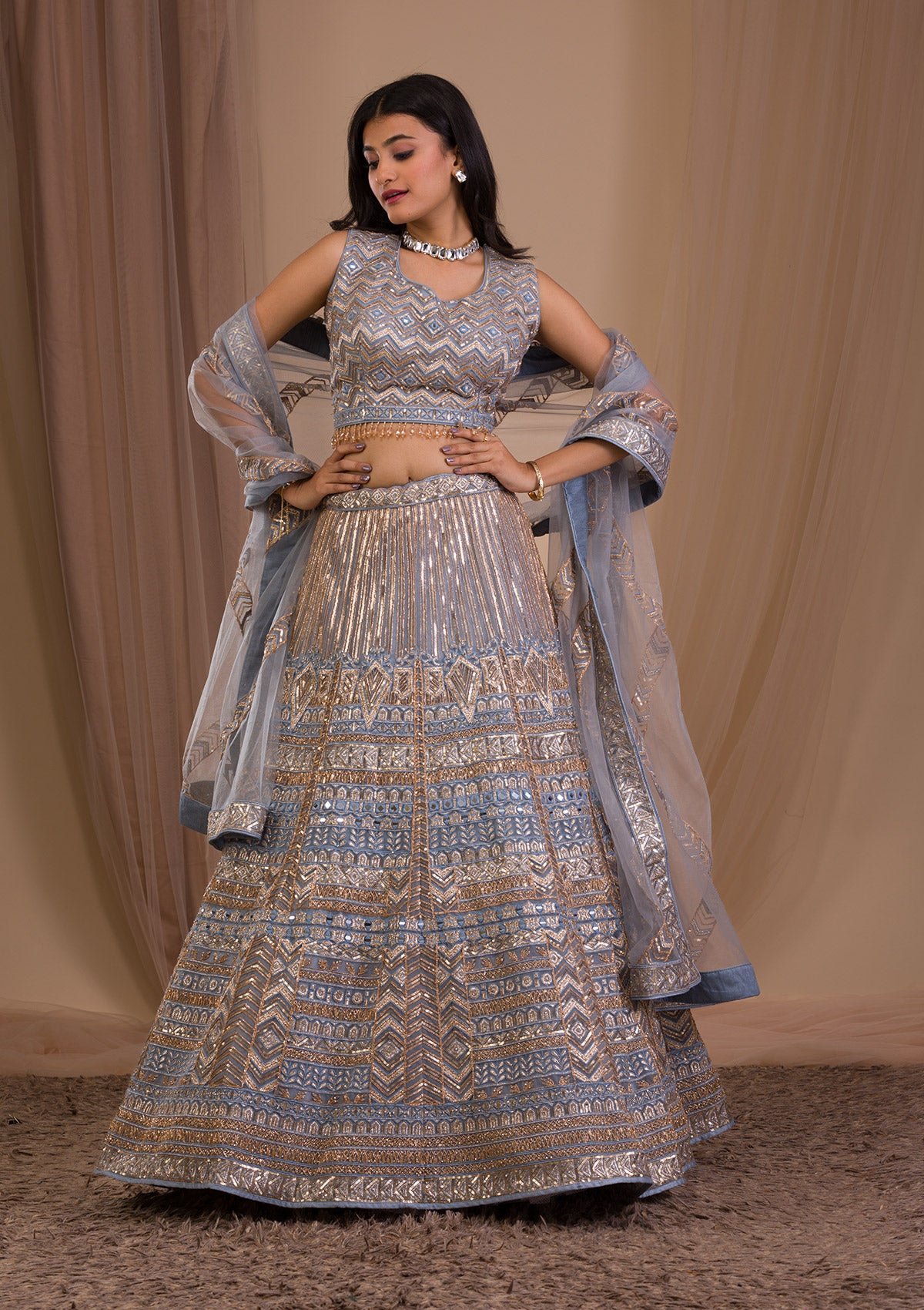 Light Grey Zariwork Net Readymade Lehenga-Koskii