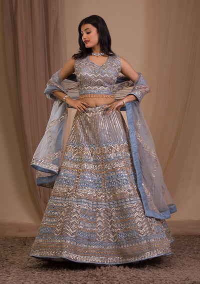 Light Grey Zariwork Net Readymade Lehenga