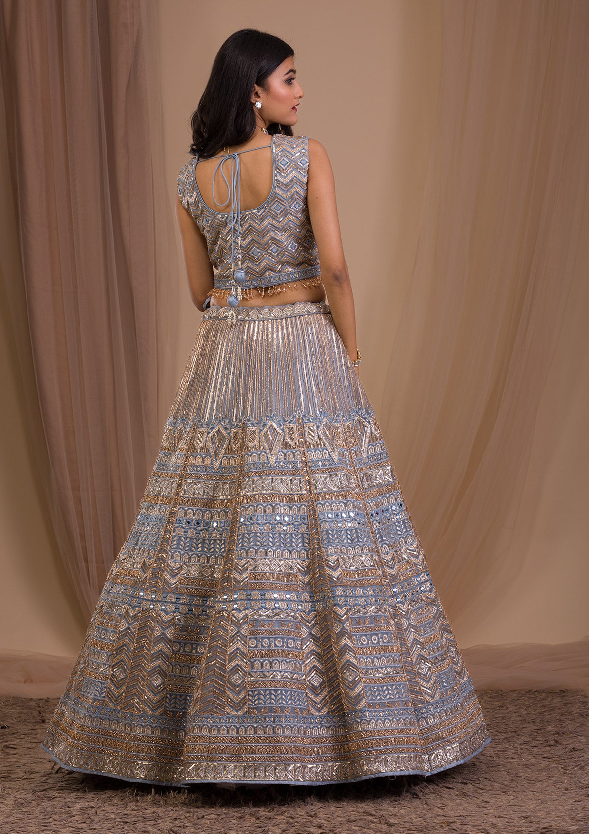 Light Grey Zariwork Net Readymade Lehenga