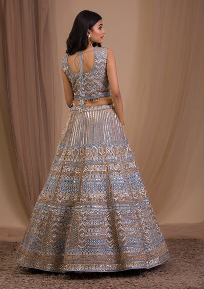 Light Grey Zariwork Net Readymade Lehenga