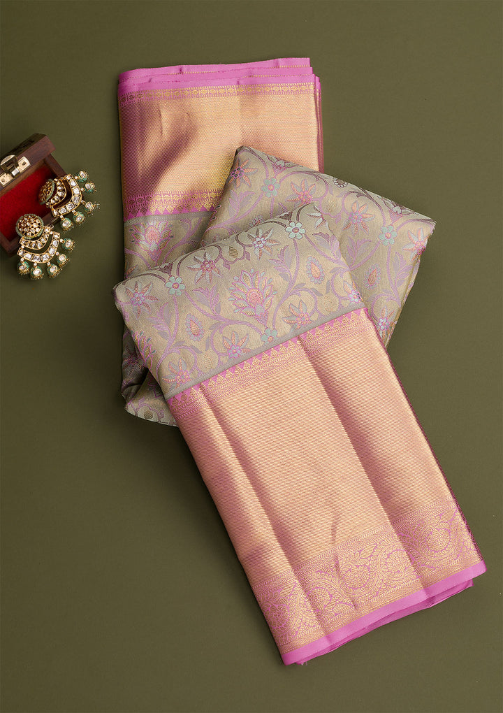 Light Grey Gold Zariwork Pure Silk Saree-Koskii