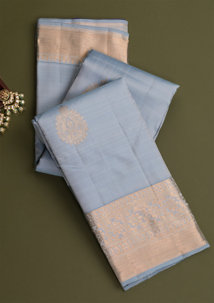 Light Grey Gold Zariwork Pure Silk Saree-Koskii