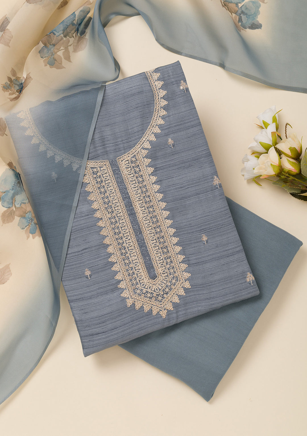 Light Grey Zariwork Soft Silk Unstitched Salwar Suit