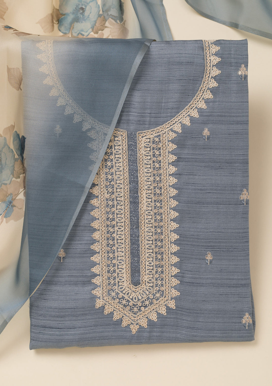 Light Grey Zariwork Soft Silk Unstitched Salwar Suit