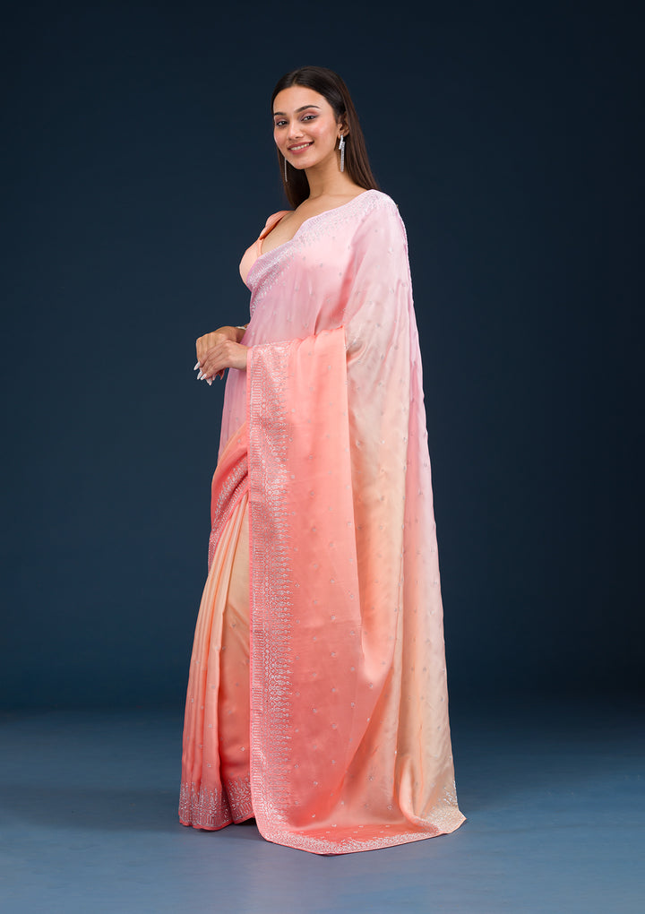 Light Orange Stonework Satin Saree