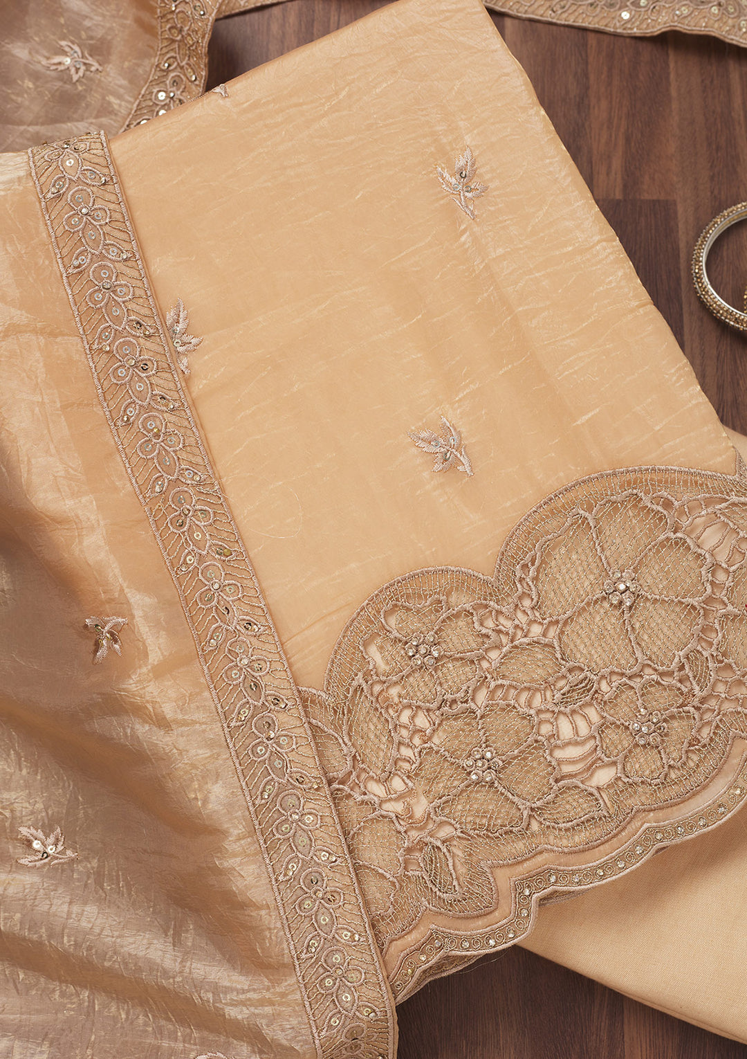 Light Peach Zariwork Semi Crepe Unstitched Salwar Suit