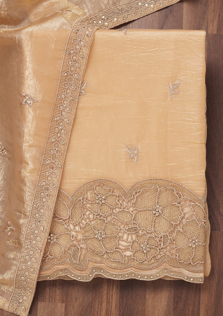 Light Peach Zariwork Semi Crepe Unstitched Salwar Suit