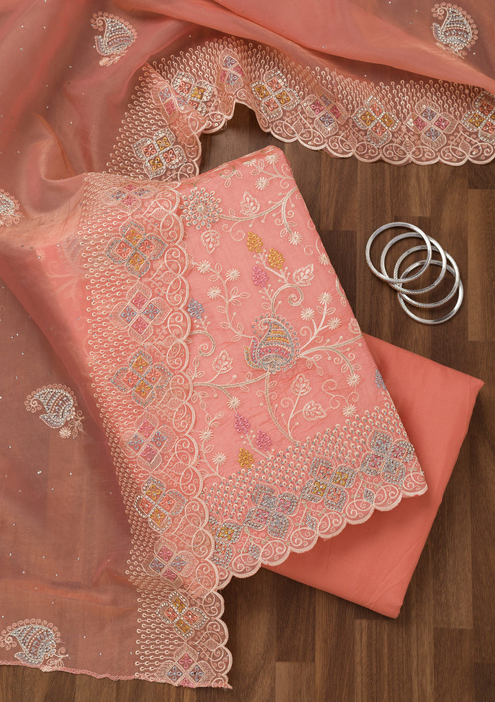 Light Peach Zariwork Semi Crepe Unstitched Salwar Suit