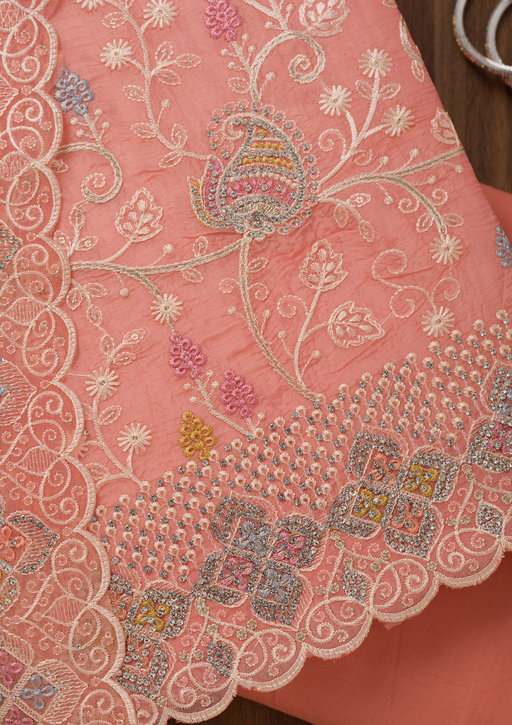 Light Peach Zariwork Semi Crepe Unstitched Salwar Suit