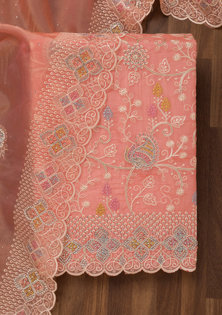 Light Peach Zariwork Semi Crepe Unstitched Salwar Suit