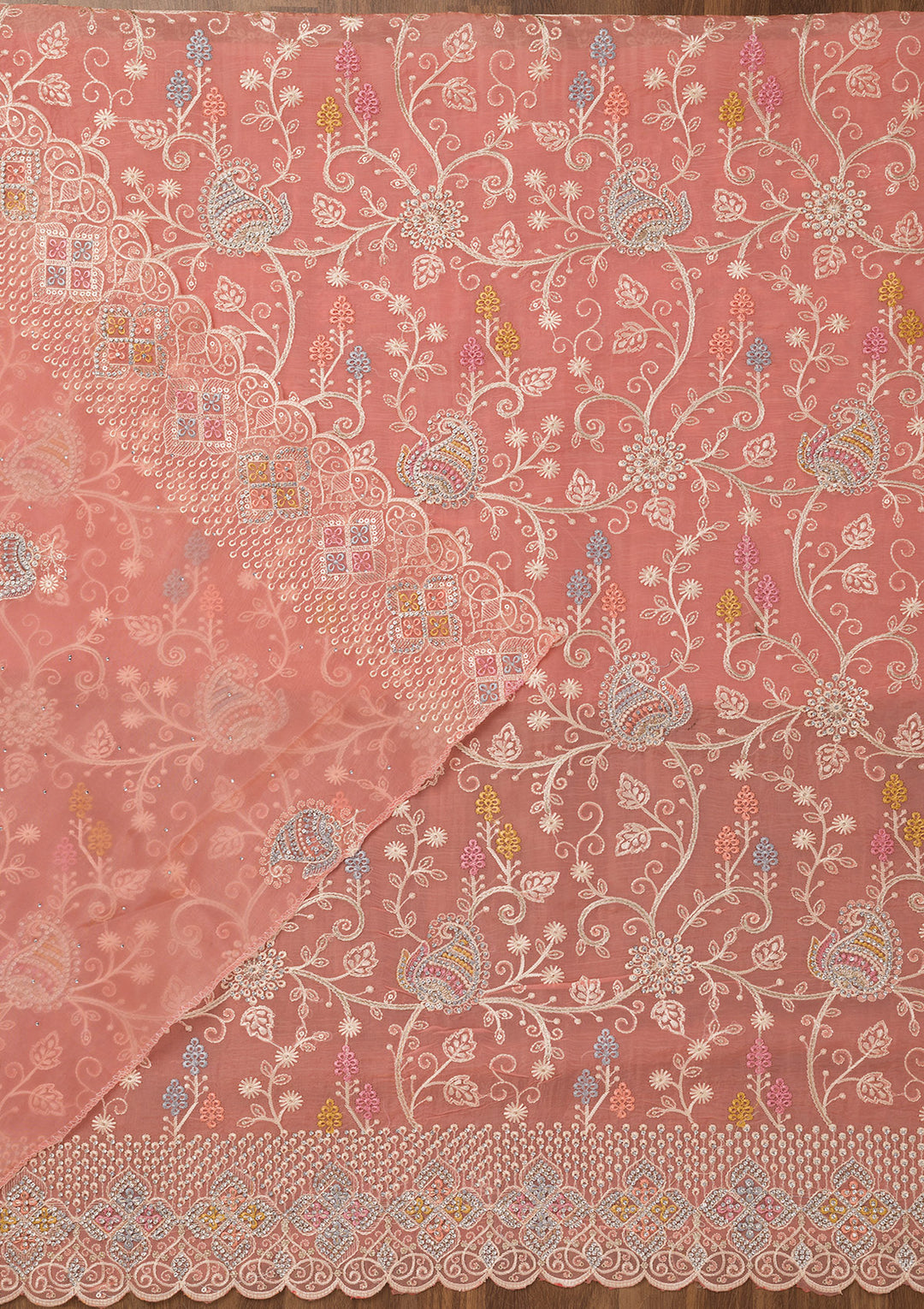Light Peach Zariwork Semi Crepe Unstitched Salwar Suit