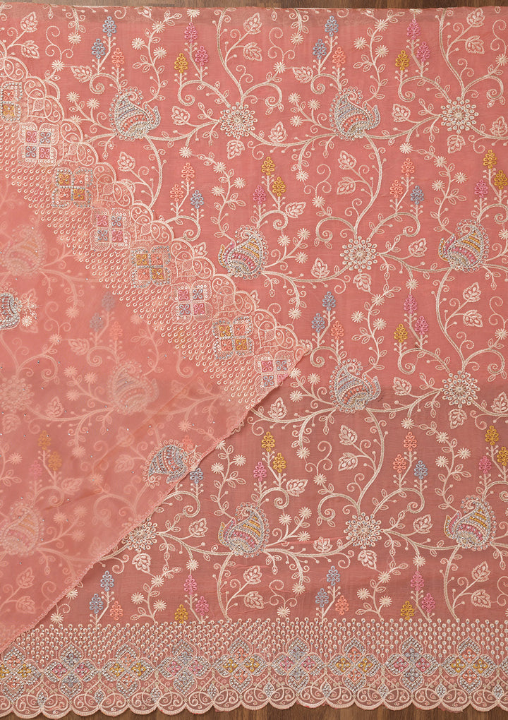 Light Peach Zariwork Semi Crepe Unstitched Salwar Suit