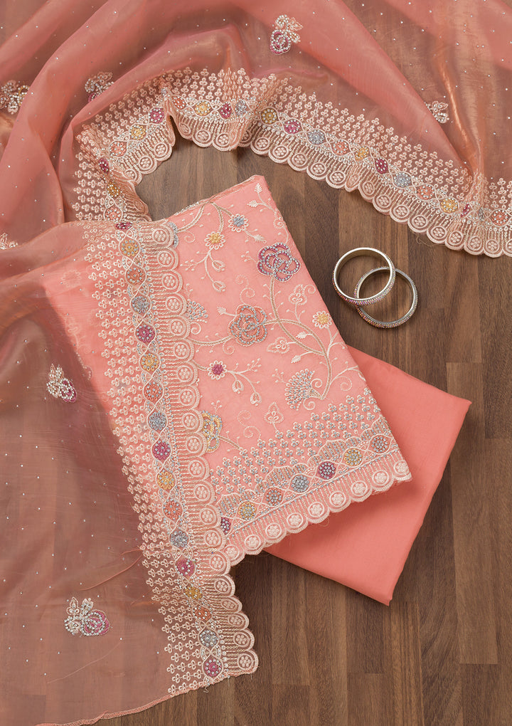 Light Peach Zariwork Semi Crepe Unstitched Salwar Suit