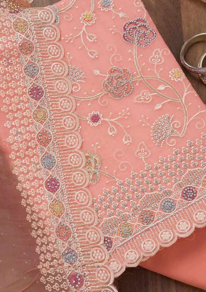 Light Peach Zariwork Semi Crepe Unstitched Salwar Suit