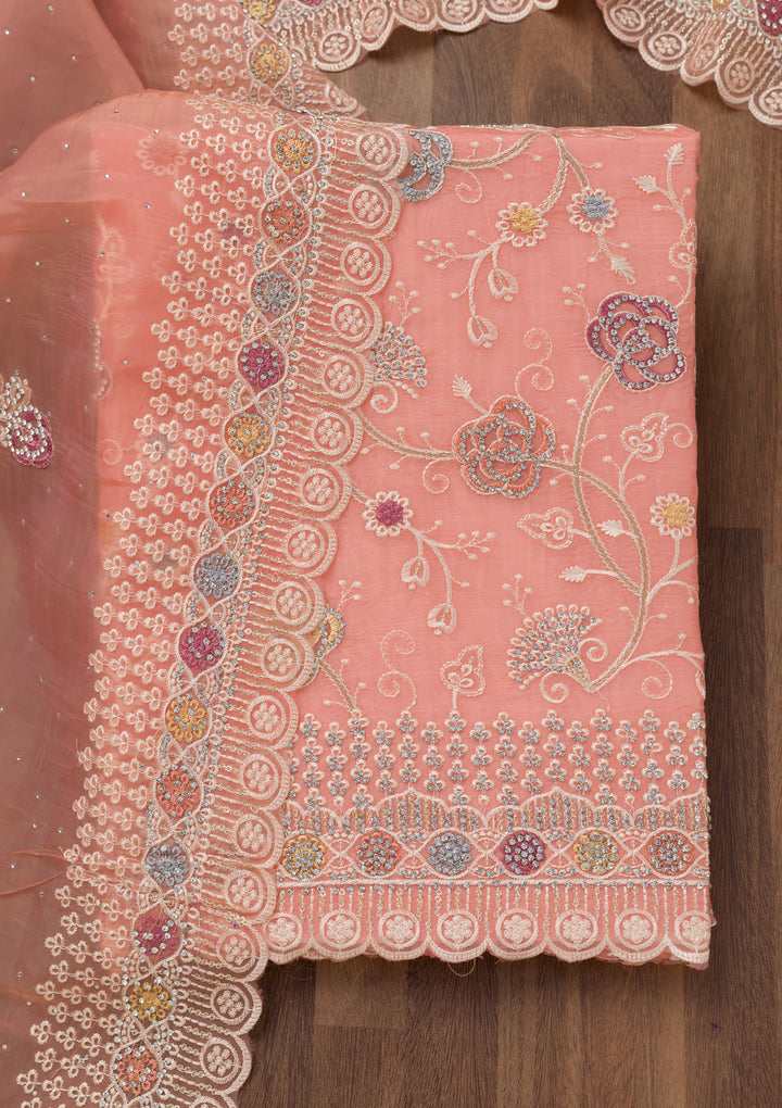 Light Peach Zariwork Semi Crepe Unstitched Salwar Suit
