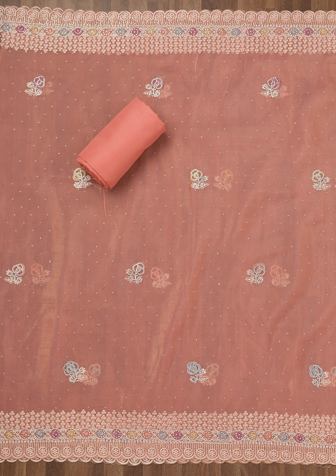 Light Peach Zariwork Semi Crepe Unstitched Salwar Suit