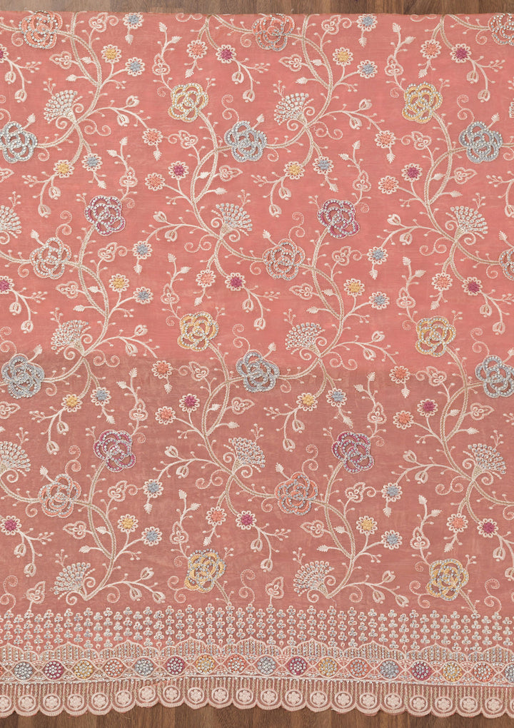 Light Peach Zariwork Semi Crepe Unstitched Salwar Suit