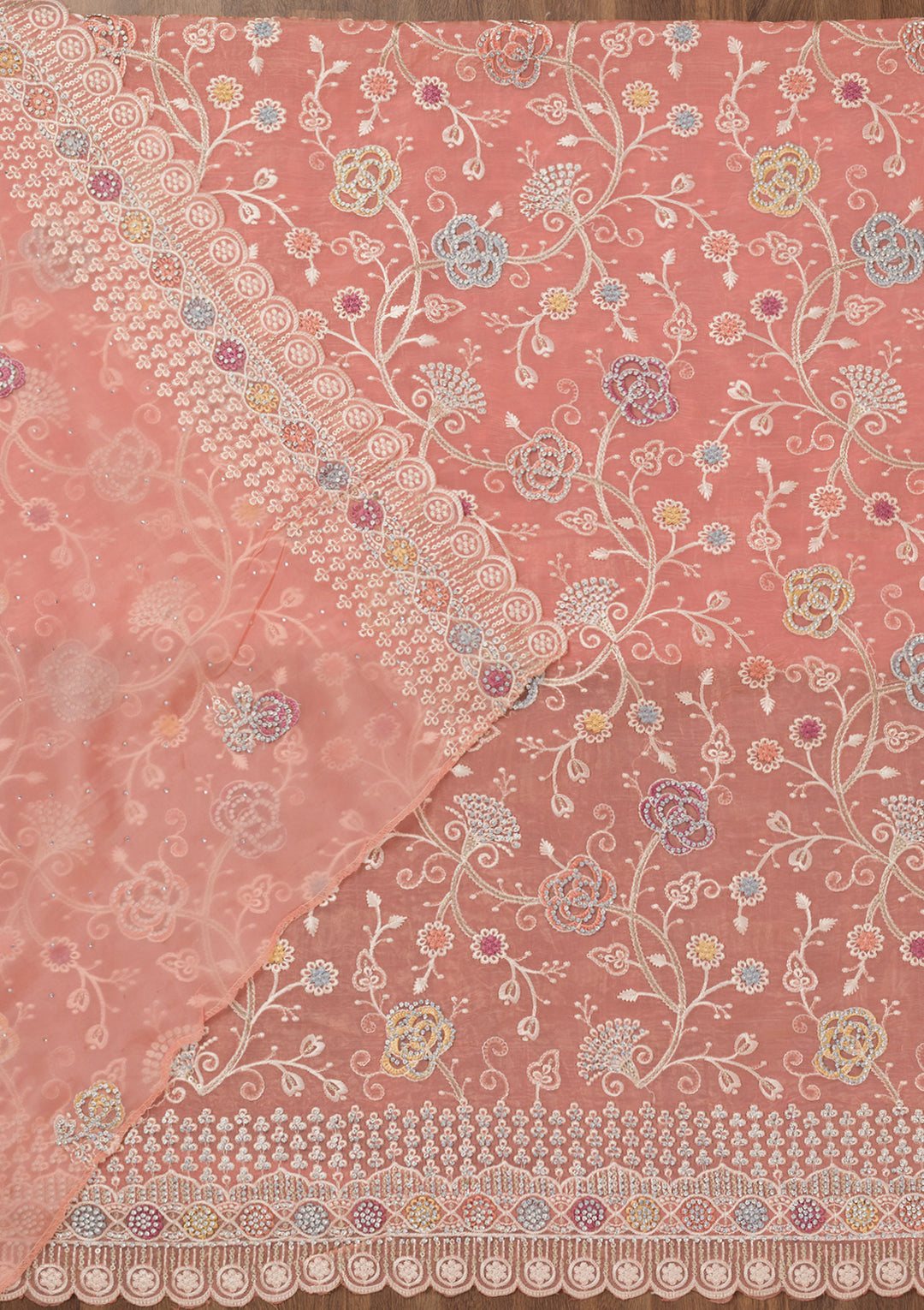Light Peach Zariwork Semi Crepe Unstitched Salwar Suit
