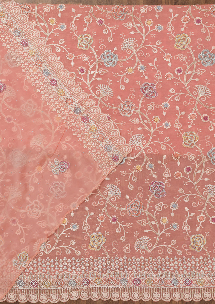 Light Peach Zariwork Semi Crepe Unstitched Salwar Suit