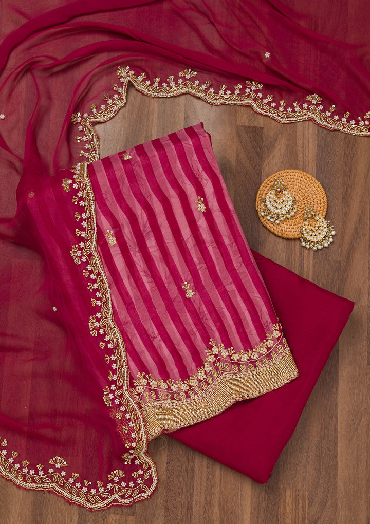 Magenta Pink Cutdana Semi Crepe Unstitched Salwar Suit