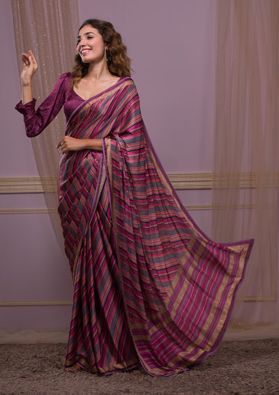 Magenta Pink Printed Semi Crepe Designer Saree-Koskii