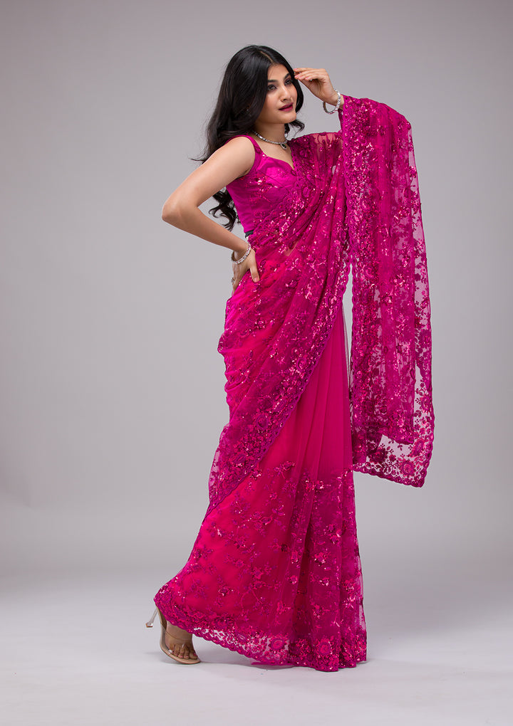 Magenta Pink Sequins Net Saree