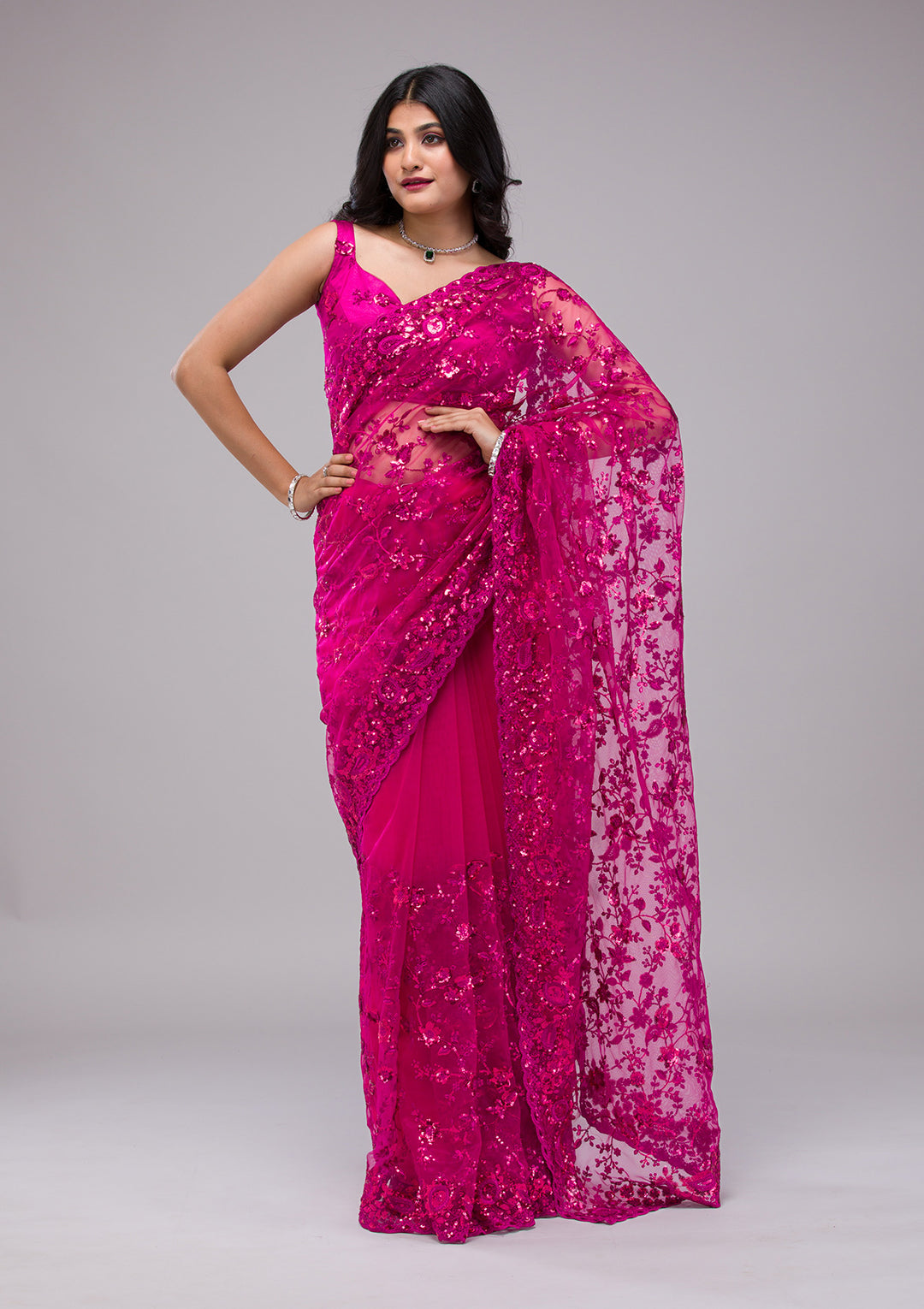 Magenta Pink Sequins Net Saree