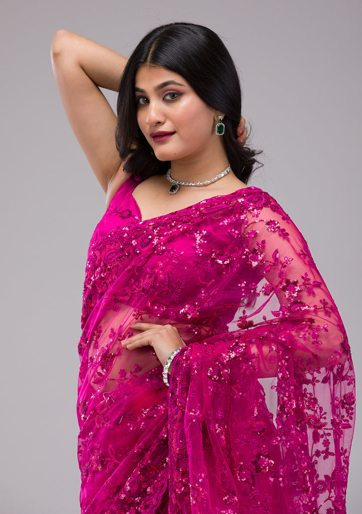Magenta Pink Sequins Net Saree