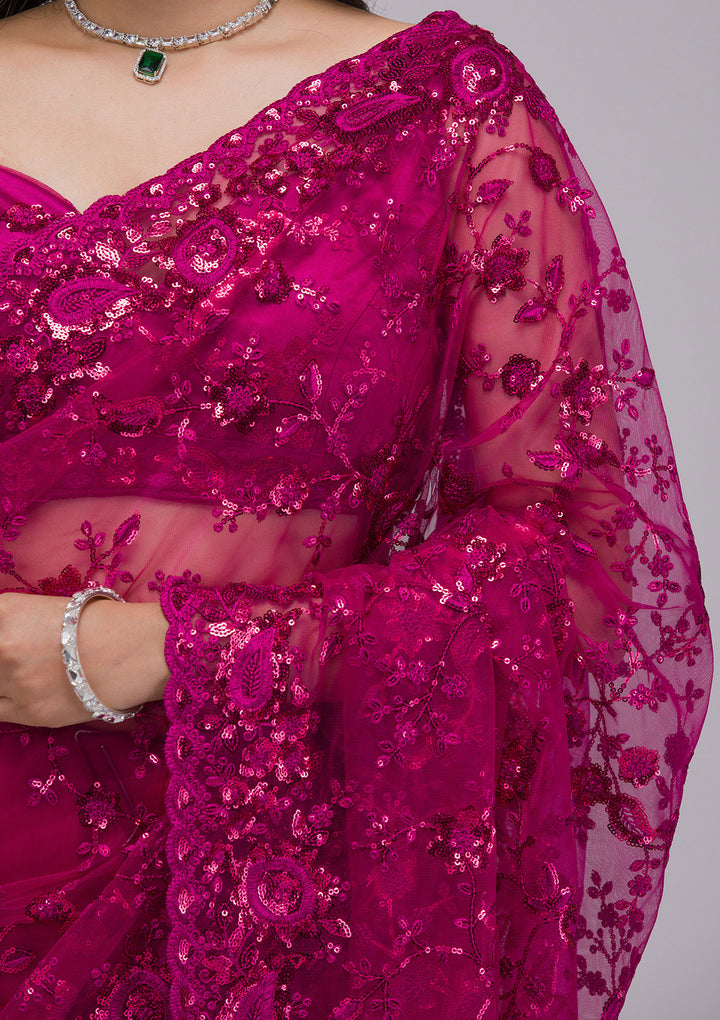 Magenta Pink Sequins Net Saree