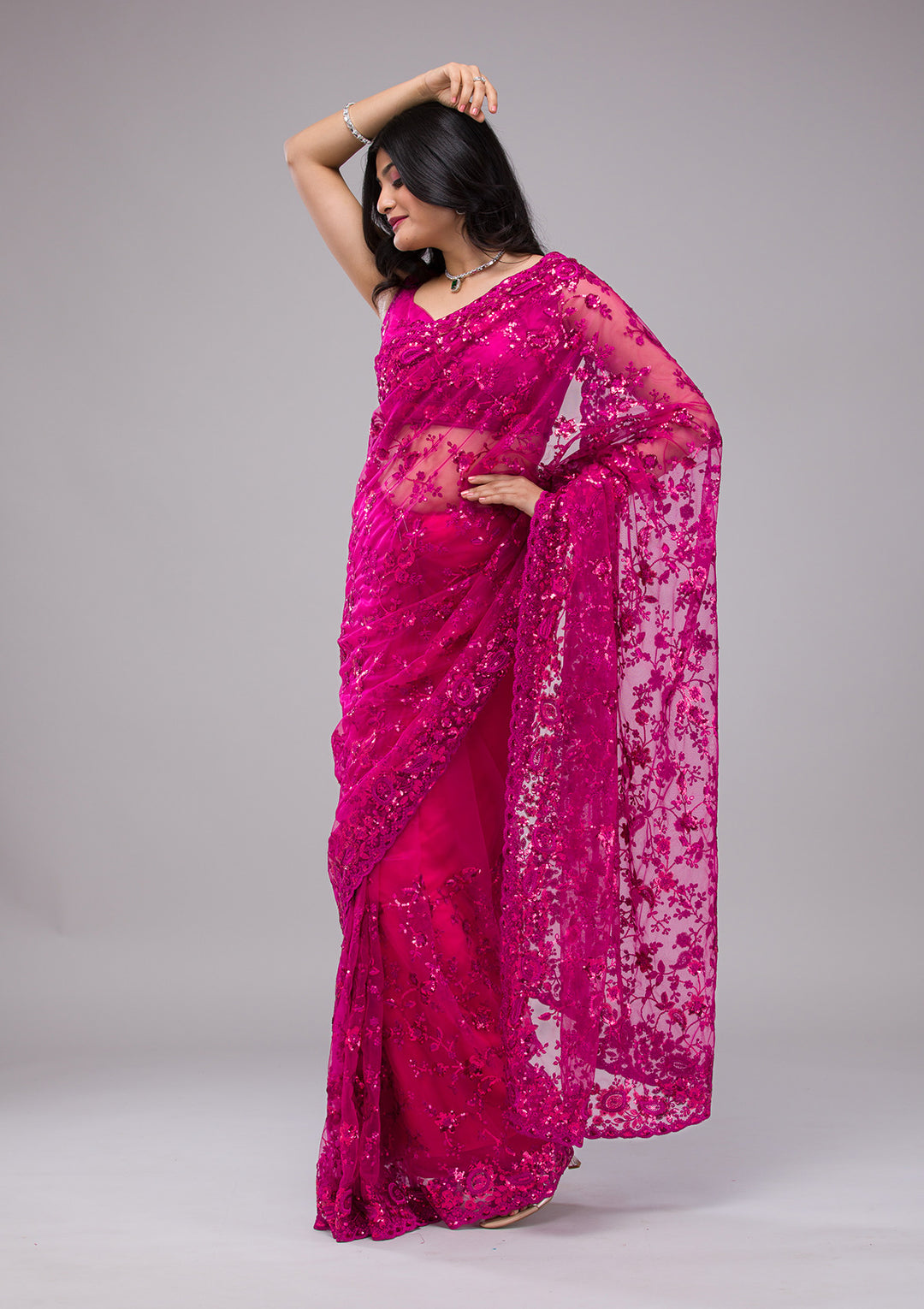 Magenta Pink Sequins Net Saree