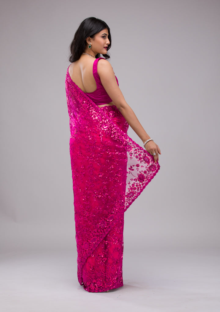 Magenta Pink Sequins Net Saree