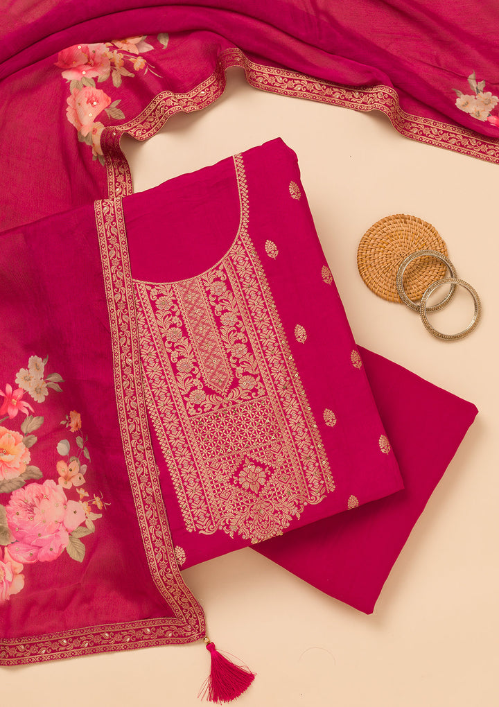 Magenta Pink Zariwork Semi Crepe Unstitched Salwar Suit