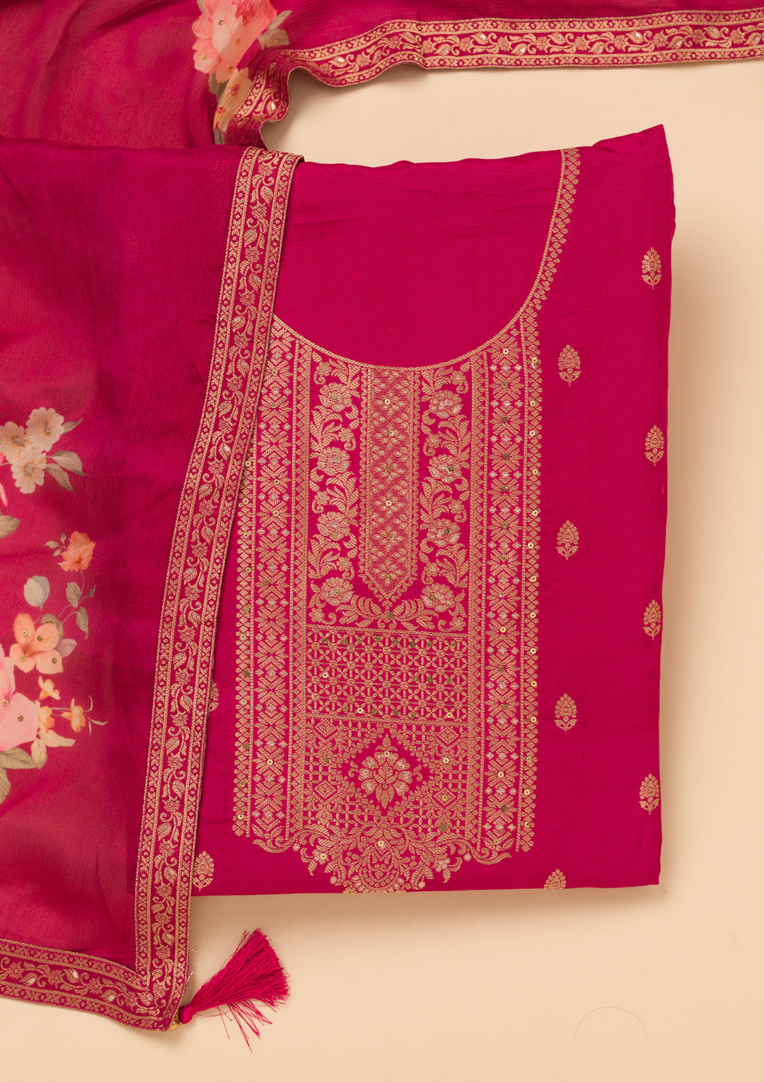 Magenta Pink Zariwork Semi Crepe Unstitched Salwar Suit