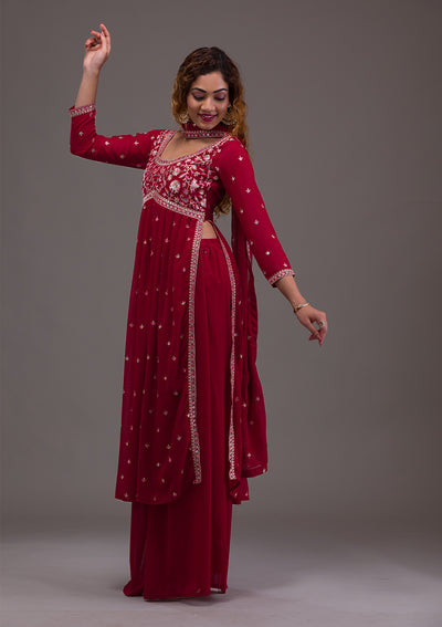 Maroon Kashmiri Threadwork Georgette Readymade Salwar Suit-Koskii