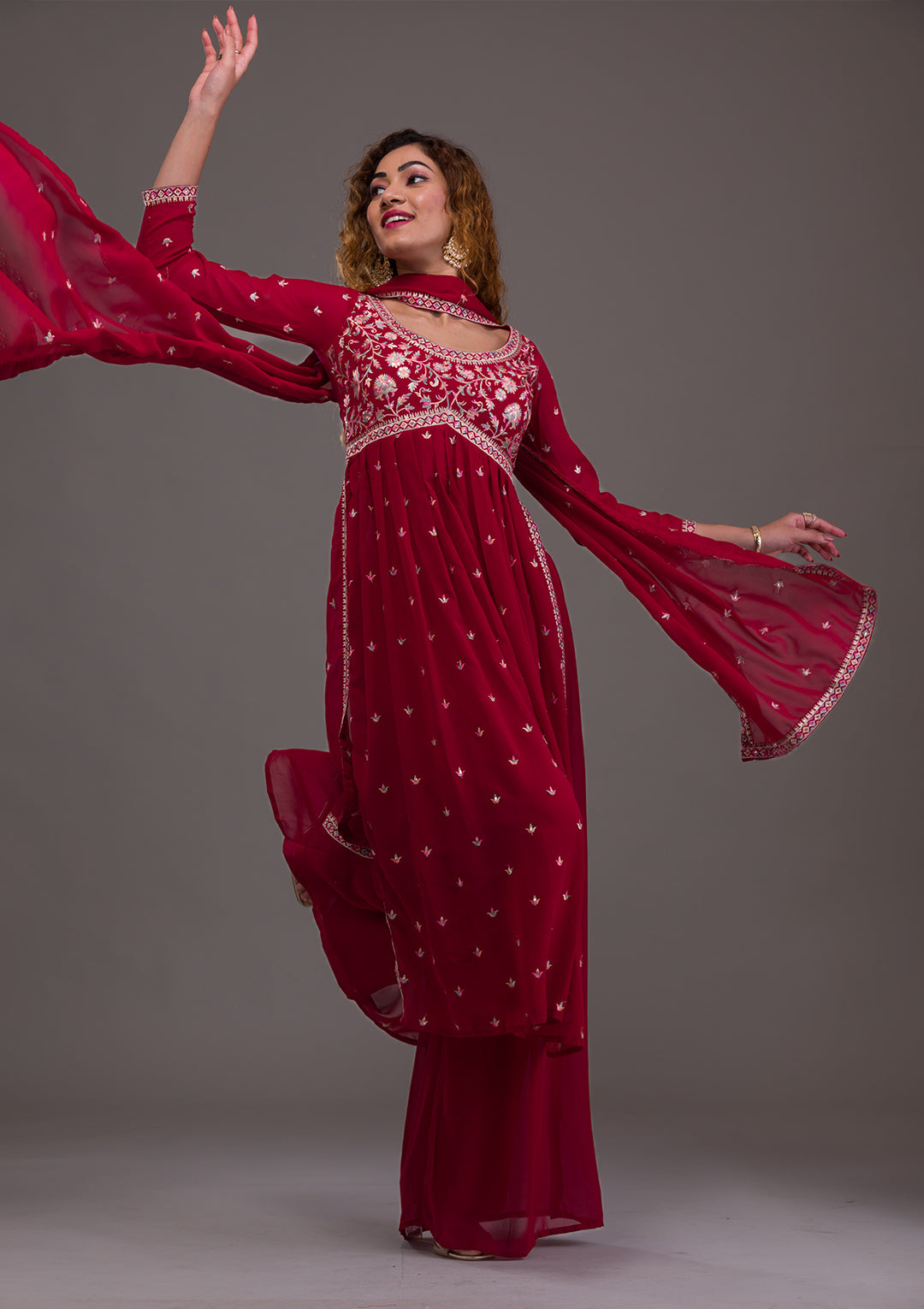 Maroon Kashmiri Threadwork Georgette Readymade Salwar Suit-Koskii