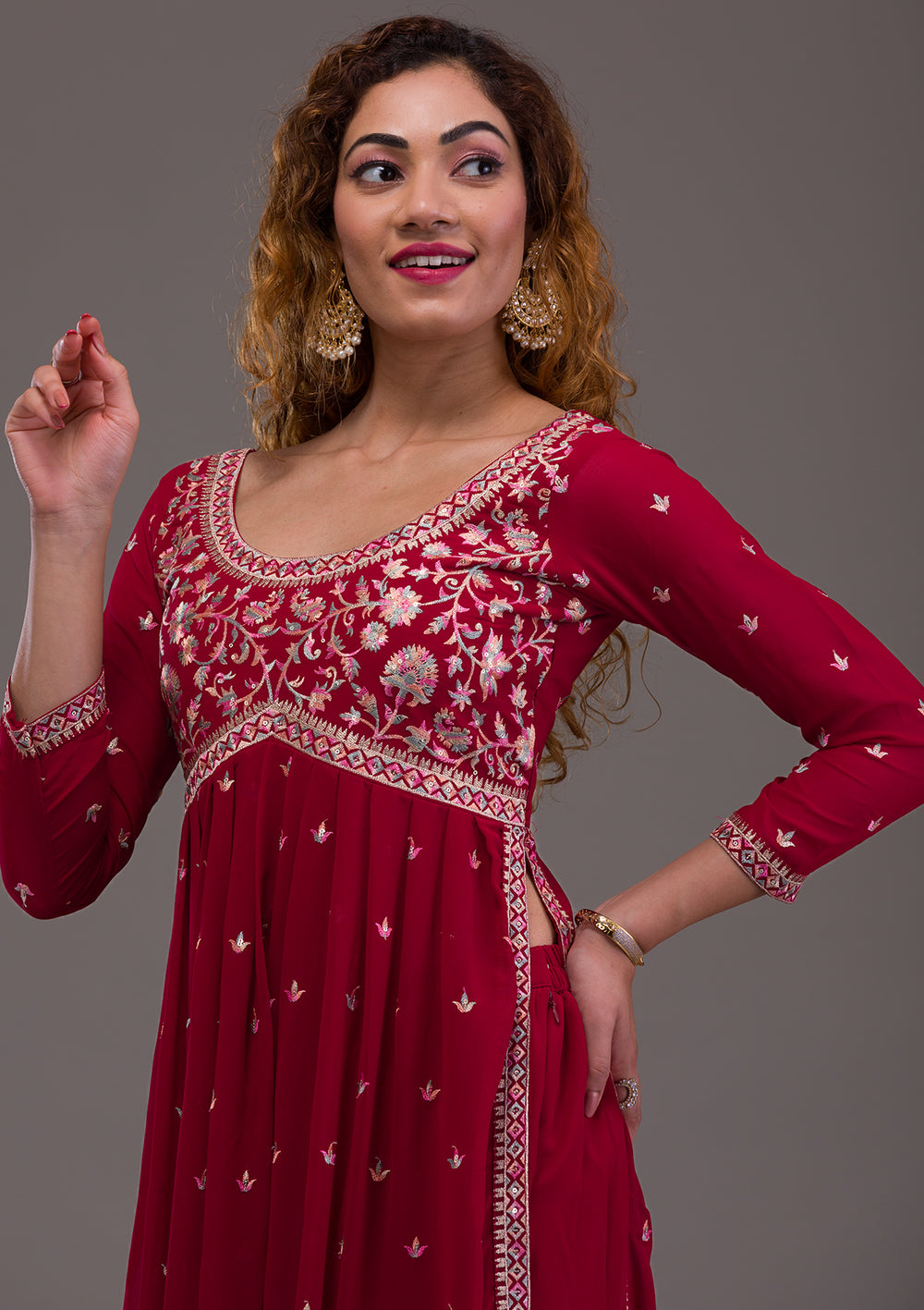 Maroon Kashmiri Threadwork Georgette Readymade Salwar Suit-Koskii