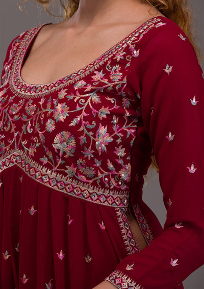 Maroon Kashmiri Threadwork Georgette Readymade Salwar Suit