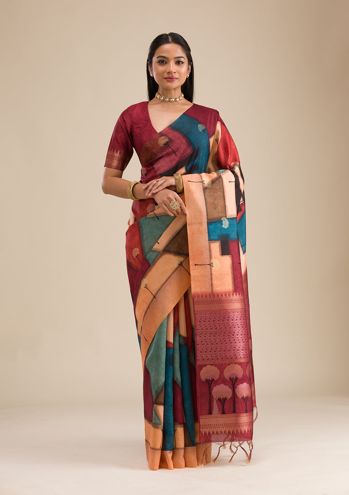 Maroon Printed Art Silk Saree