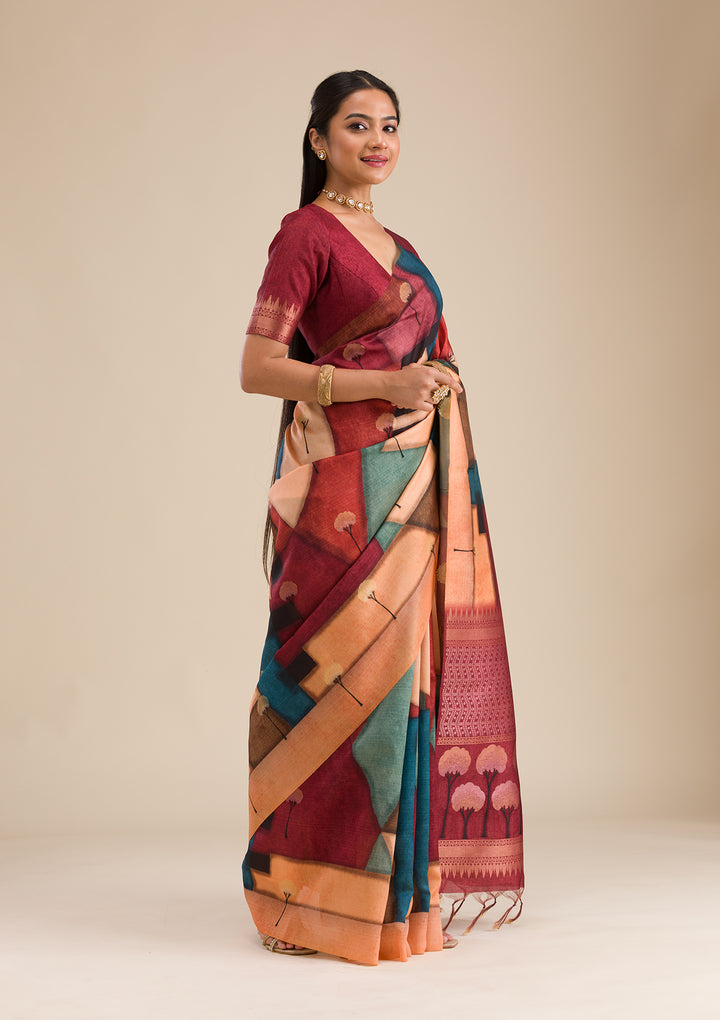 Maroon Printed Art Silk Saree