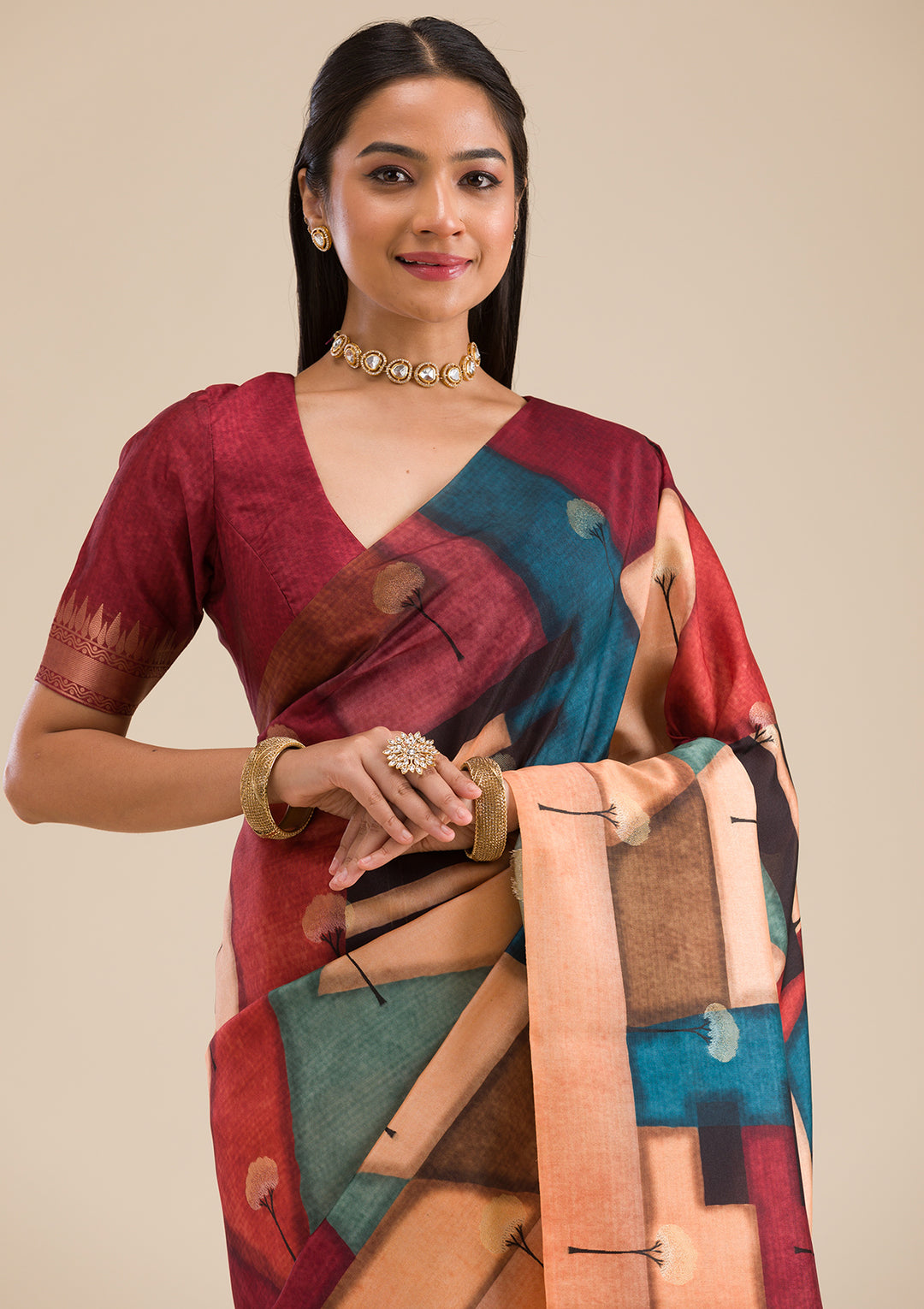 Maroon Printed Art Silk Saree