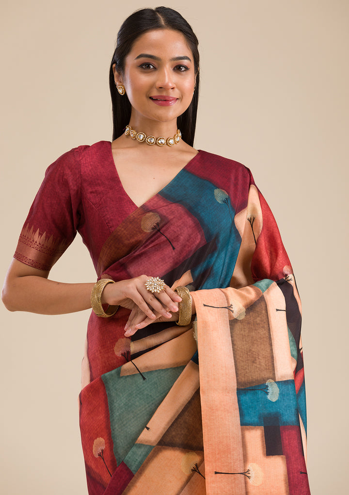 Maroon Printed Art Silk Saree