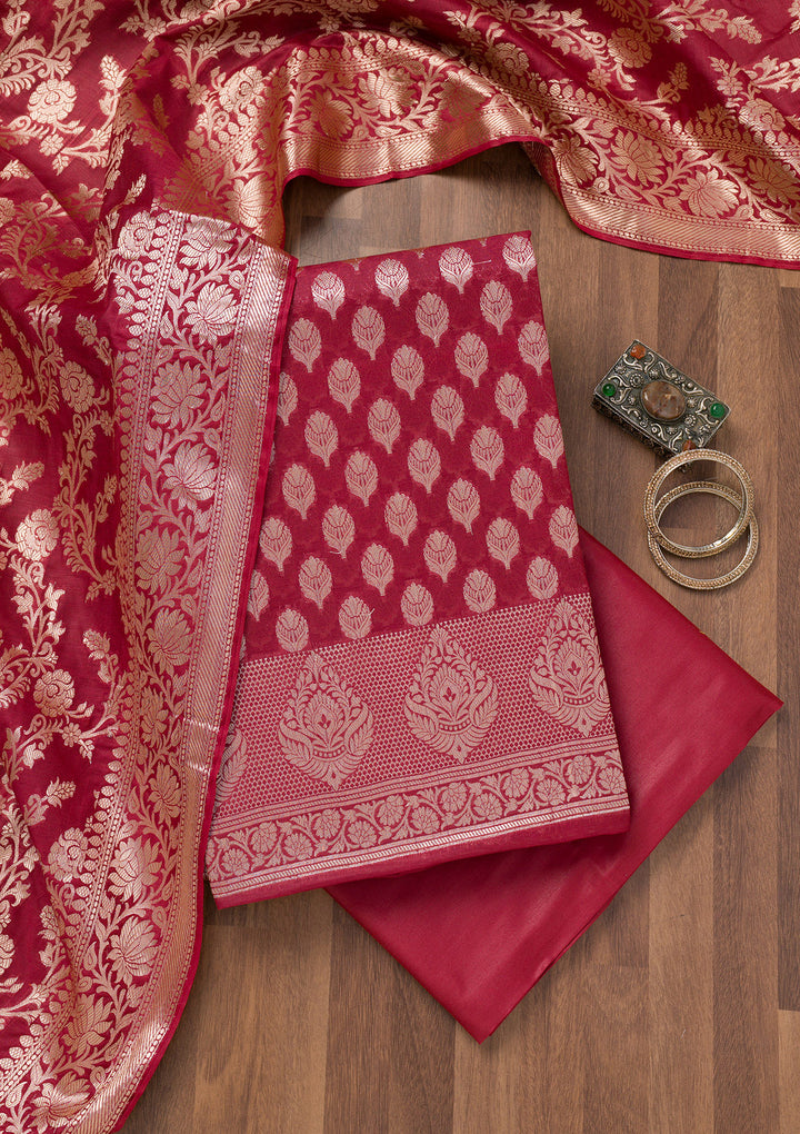 Maroon Zariwork Banarasi Unstitched Salwar Suit