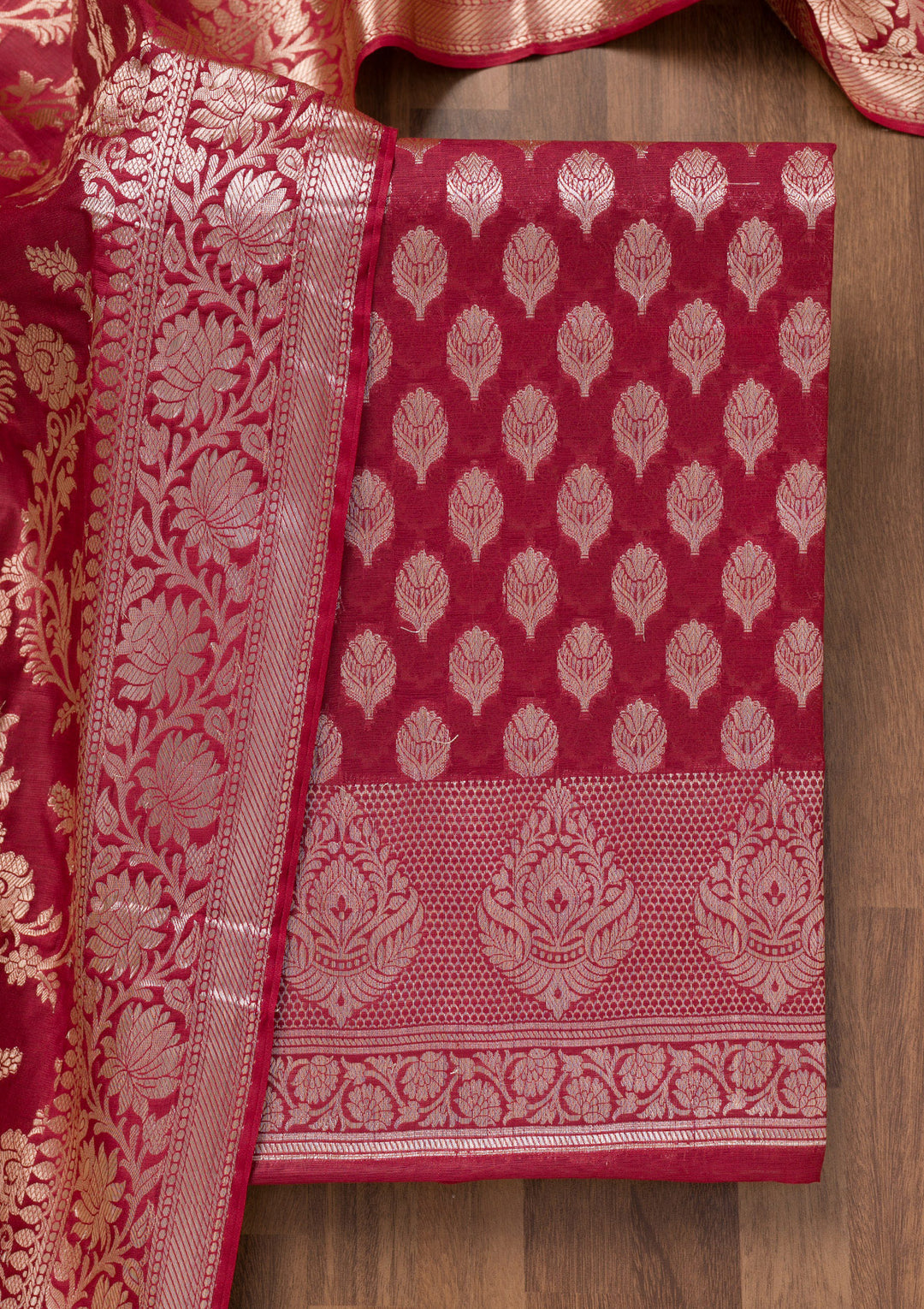 Maroon Zariwork Banarasi Unstitched Salwar Suit