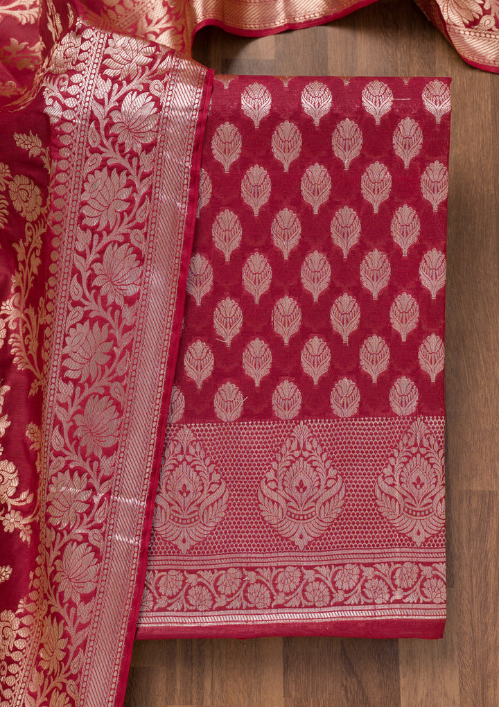 Maroon Zariwork Banarasi Unstitched Salwar Suit