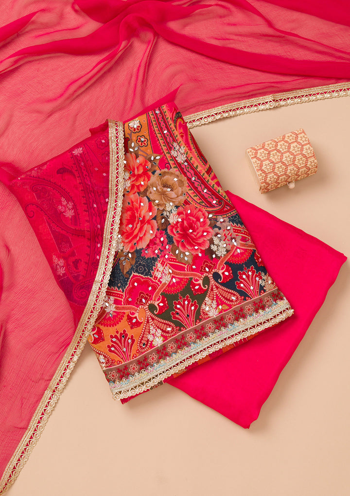 Maroon Printed Georgette Unstitched Salwar Suit