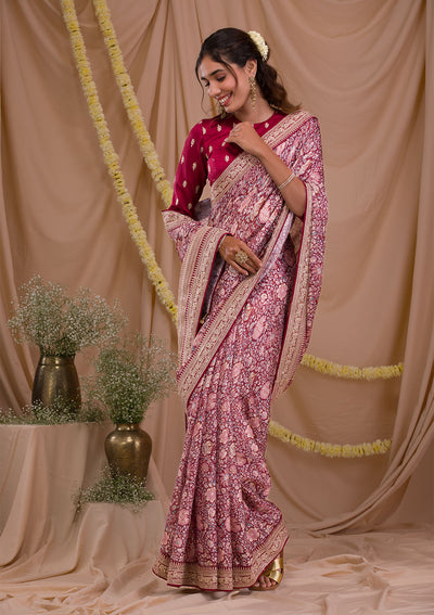 Maroon Printed Organza Saree-Koskii
