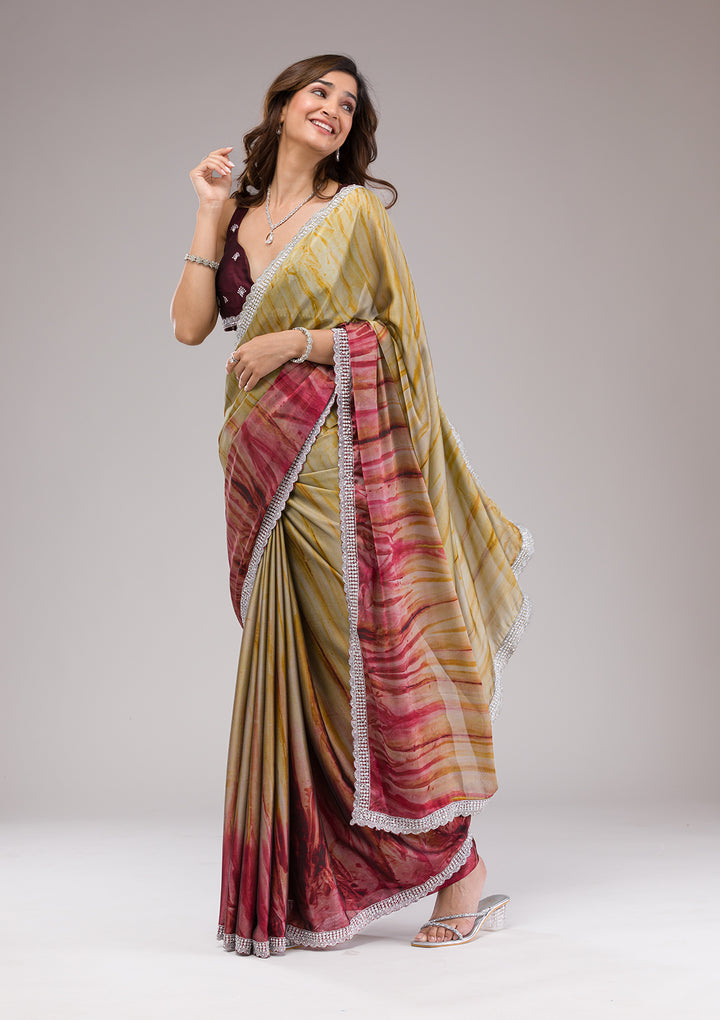 Maroon Printed Semi Crepe Saree