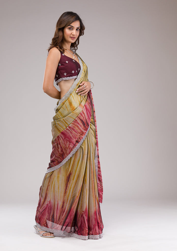 Maroon Printed Semi Crepe Saree